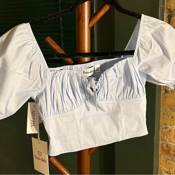 Aritzia Sunday Best Countess Blouse Medium Blue Glimmer Top Shirt puff blouse - Picture 7 of 12